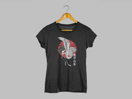 Polera Mujer manga corta, negra, "Grulla Sol Naciente"