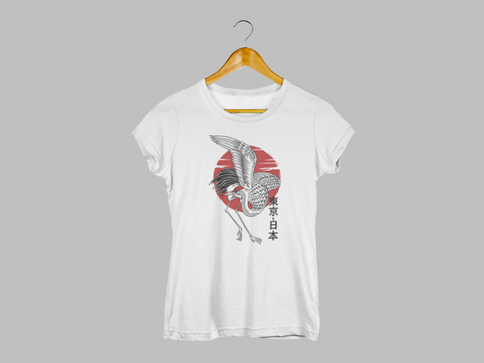 Polera Mujer manga corta, blanca, "Grulla Sol Naciente"