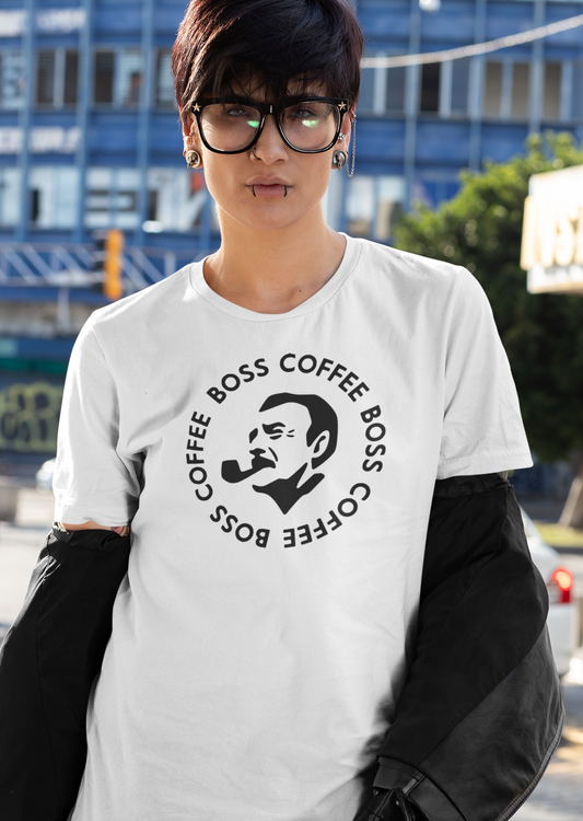 Polera Blanca unisex manga corta "Boss Coffee"