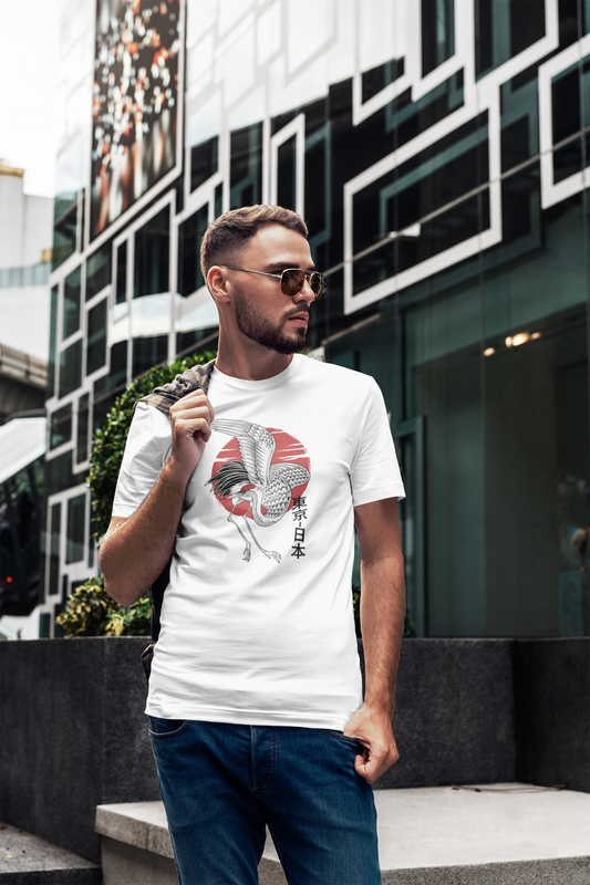 Polera Hombre manga corta "Grulla Sol Naciente"