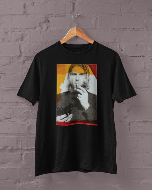 Polera Negra Manga Corta - Unisex -Kurt Cobain -
