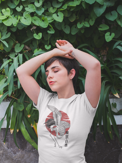 Polera Mujer manga corta, blanca, "Grulla Sol Naciente"