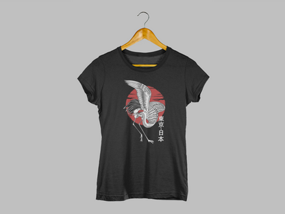 Polera Mujer manga corta, negra, "Grulla Sol Naciente"