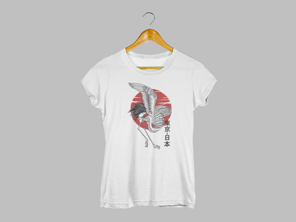 Polera Mujer manga corta, blanca, "Grulla Sol Naciente"