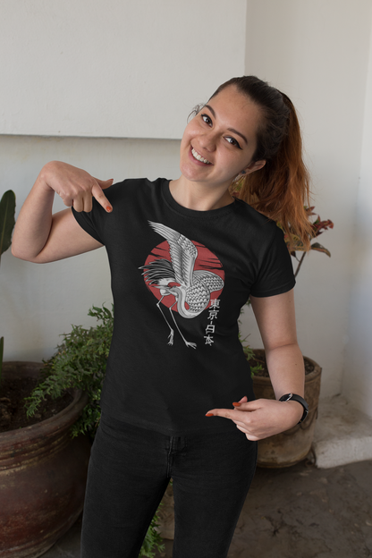 Polera Mujer manga corta, negra, "Grulla Sol Naciente"